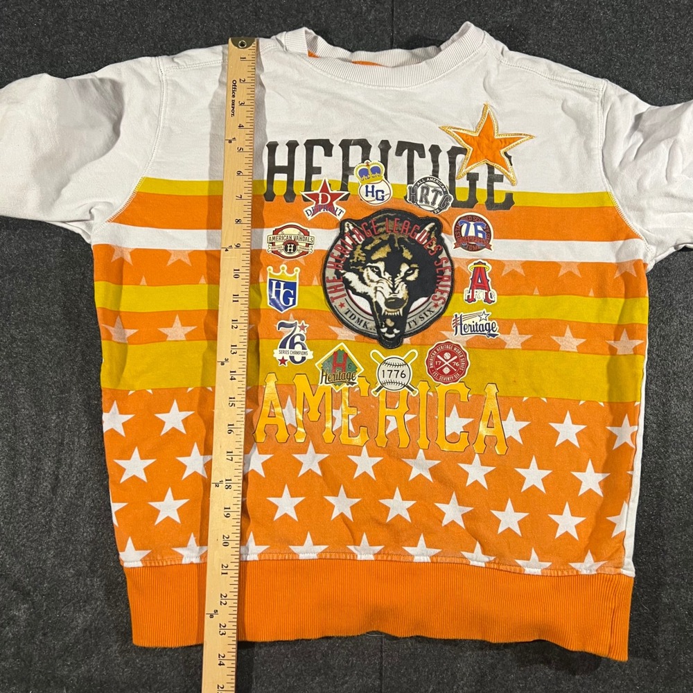 Heritage America Sweatshirt Womens Large White Orange Wolf Graphic Stars Stripes - Picture 4 of 6